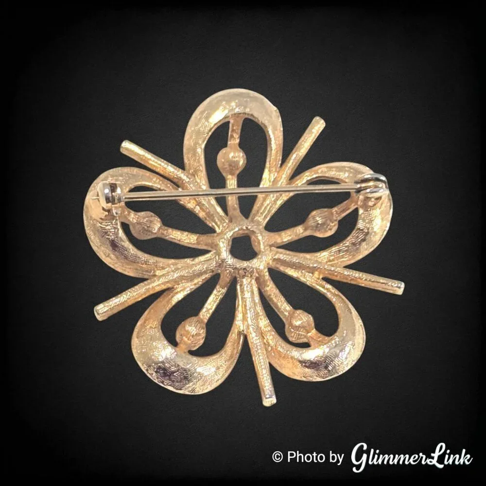 Vintage Floral Faux Pearl Openwork Five Petal Gold Tone Brooch
